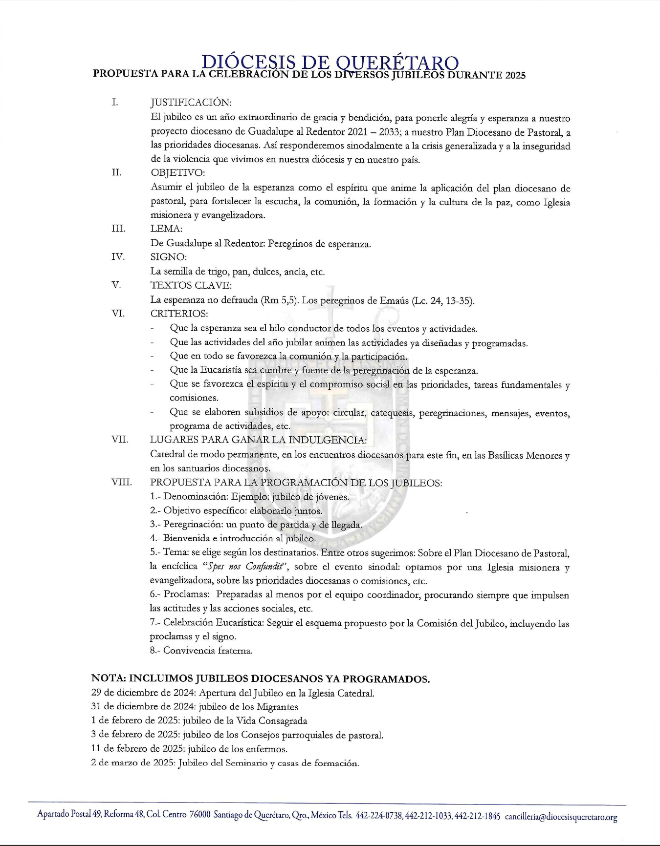 Prot. N. 232/2024 Circular N. 19 Asunto: Sobre el jubileo de la esperanza 2025, en nuestra Diócesis de Querétaro. 2